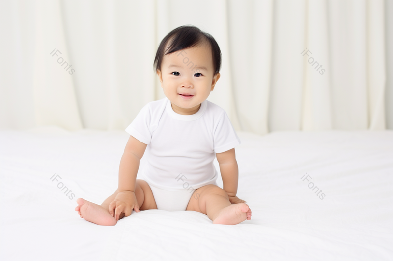 女婴儿坐在床垫上露出笑脸,高清,摄影图,摄影图片,图片大全,摄影图免费下载